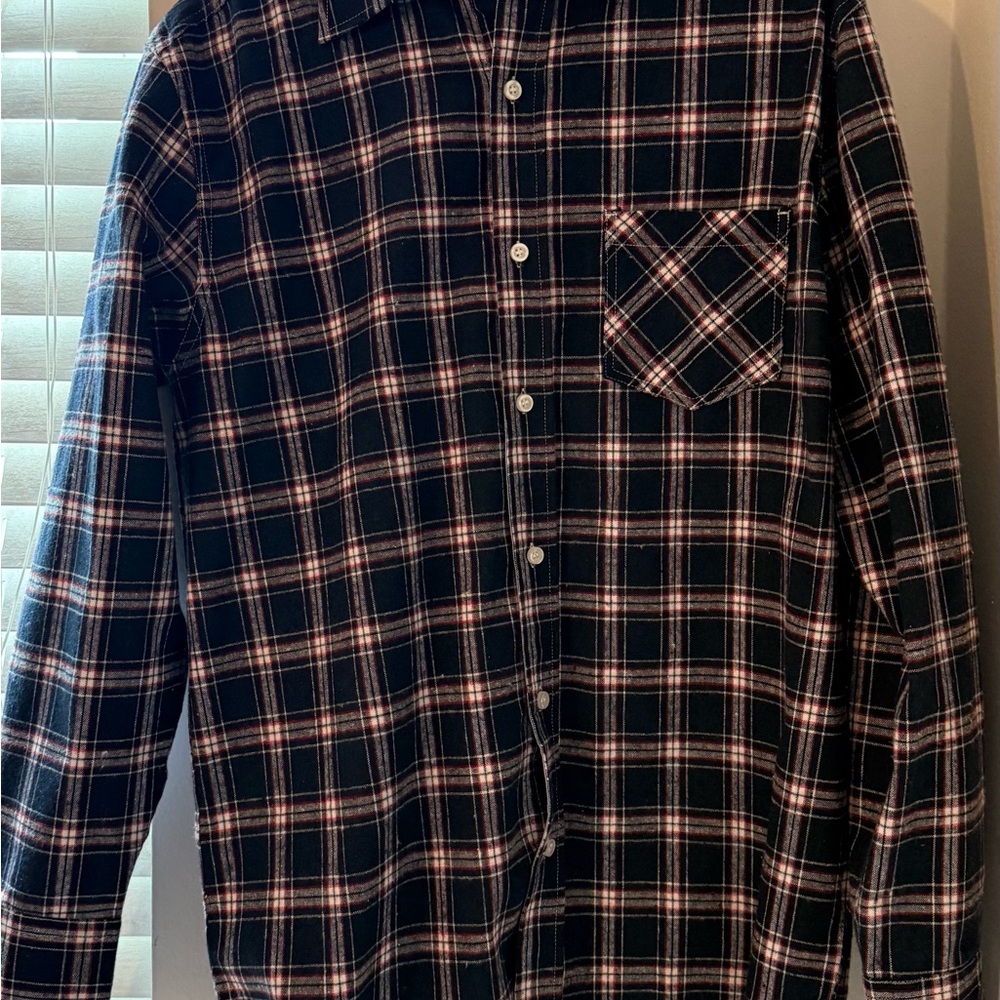 Plaid Button-Up Shirt - Dark Blue and Red